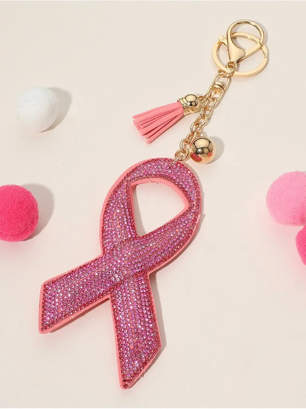 Pink Crystal Awareness Ribbon Keychain with Tassel